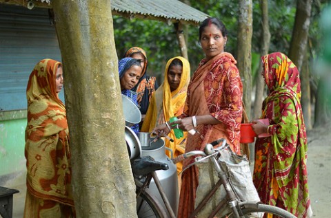 Collecting milk from women dairy farmers in Bangladesh. (Photo: Akram Ali/CARE Bangladesh)